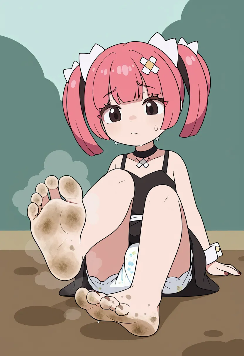 masterpiece, best quality, highres, sango as a toddler, girl sitting, wet diaper, very cute, adorable, curious, barefoot sole, foot focus, dirt, smelly, stinky, steamy, sweaty