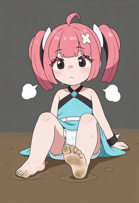 masterpiece, best quality, highres, sango as a toddler, girl sitting, wet diaper, very cute, adorable, curious, barefoot sole, foot focus, dirt, smelly, stinky, steamy, sweaty