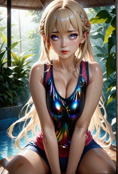 1maturegirl,mahiru shina, Long smooth straight light golden hair, iridescent eyes,aesthetic curvy figure,sitting straight in sweaty gym clothes,masterpiece, super detail,detailed eyes, best quality, 8k,realistic