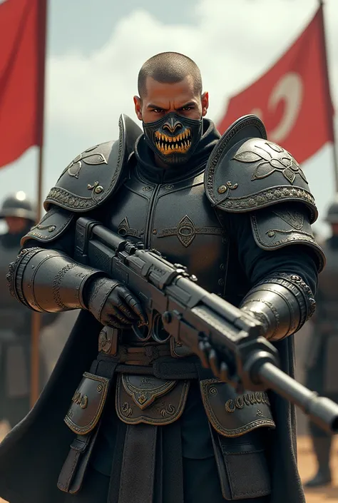 Create a warrior man with short hair and a mask that looks like an anime like a bite and I have a suit of armor to shoot like a soldier with a gun ready for battle and his warriors in the back with flags 

