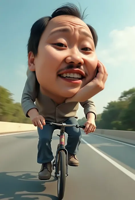 digital dynamic caricature in claymation style of a realistic Asian 35-year old man riding a bicycle very fast on the middle of an empty highway. he has exaggerated body features like oversized head that is even more enlarged by being captured with fish-ey...