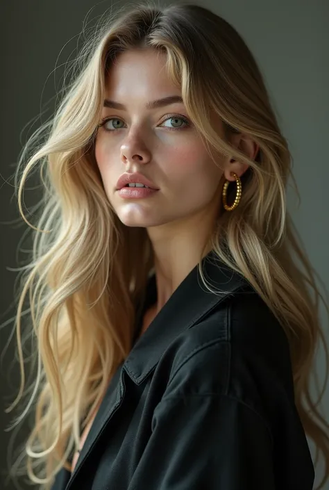   girl who appears to have more than 14 dark blond hair with a gold earring with clothes wider than she has a,57 and realistic 
