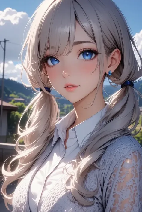 Silver hair, blue eyes、  girl、 small breasts、 twin tails、smile、gal  girl、She&#39;s wearing cute earrings、uniform、 Knitted Cardigan 、With highlights on the eyes、School、 blue sky