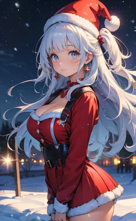 a beautiful young magical girl with large breasts, cleavage, tight red corset, short red shirt with white fluffy hem, red santa hat with small bell at the end and fluffy white rim, white stockings and suspenders with thigh-high red leather high-heeled boot...