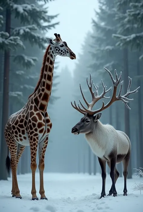 "An ultra-HD, hyper-realistic 32K image of a tall giraffe with its long neck and spotted coat standing in a snowy forest. Across from it stands a majestic caribou with massive, intricate antlers covered in frost, gazing up at the giraffe with curiosity. Th...