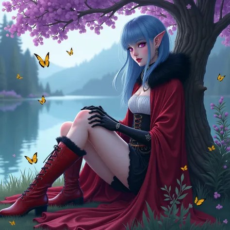 Vampire girl.
1) Appearance:  pale skin.  Sky blue hair. pink eyes. Pointed ears. Long hair at the waist .
2)  Clothing style : red cloak. Black fur on the hood .  Black gloves . black pants.  red boots .  a white shirt . earrings on the ears.  A collar wi...