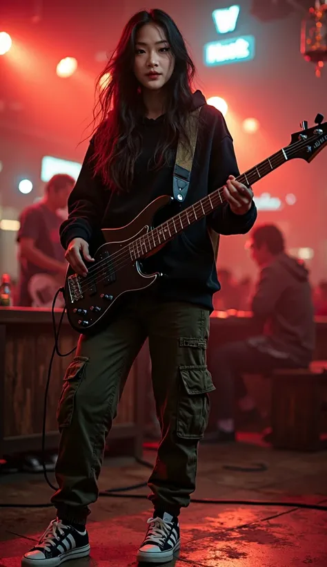  Thai Women,Age 20 years,Good figure,Long hair,Wear a black hoodie, Military Trousers ,Adidas Shoes,Fender black bass player ,On stage in a pub