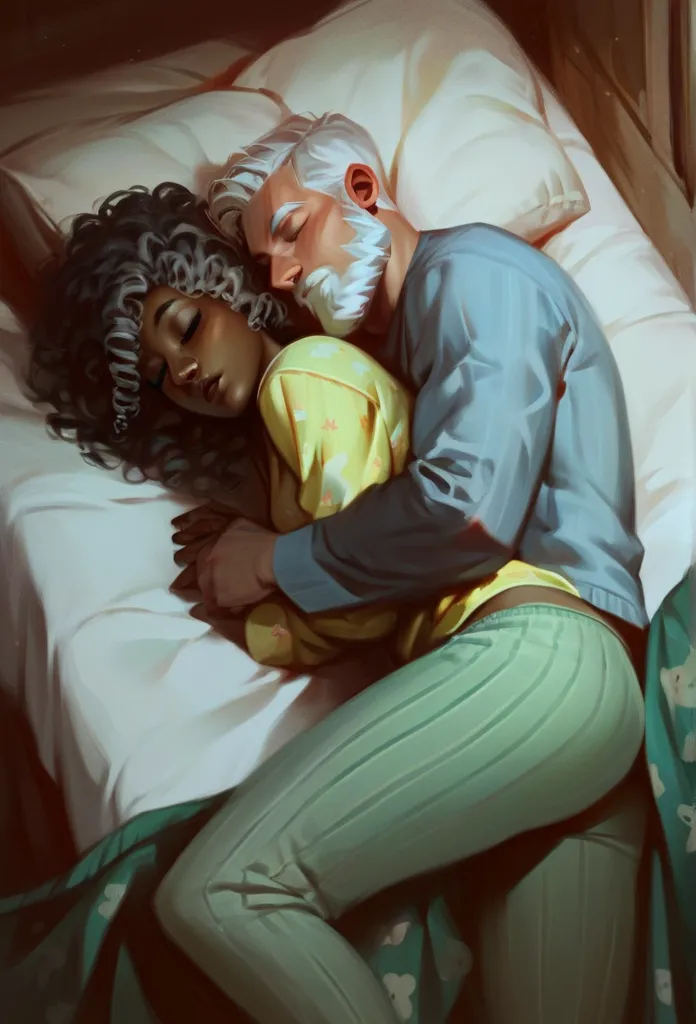 dark skinned woman. long curly hair. wearing pajamas   lying in bed spooning with italian man. gray hair. white beard. sleeping.