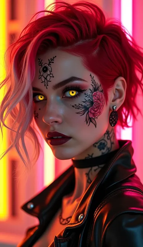 " A woman with a cyberpunk style ,  red hair with disorderly styled white and pink locks.  Her face has intricate ornamental-style tattoos ,  with floral details and abstract designs . Bright yellow eyes that emanate intensity ,  dark makeup highlighting h...