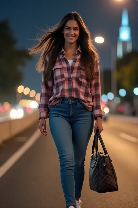 Real picture, a beautiful young woman little fat indonesian smile long straight hair black blonde kibas windy, Holding branded bag ,wearing dusty pink and brown checkered shirt , denim pants,  sneaker , walking hand placed in pants pocket on highway agains...