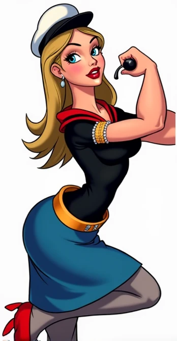 Popeye comme si il etait une femme. Une jupe bleue, des talons,  des muscles, cheveux longs , une pipe 