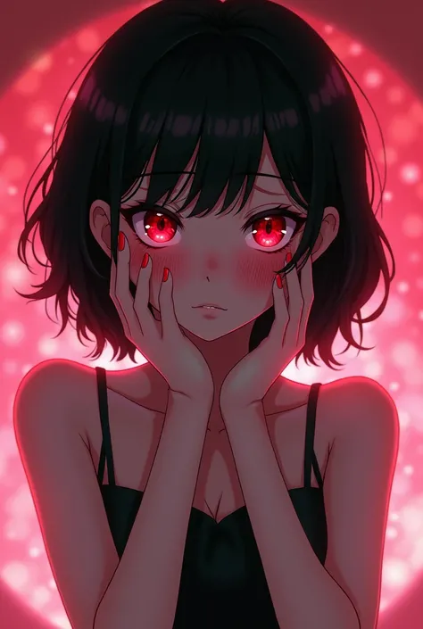  Black Hair Bob Cut 、sparkling red hanging eyes 、 cute slender woman who looks strong、Black Shoulder Dress、I had big, shining sad eyes、Gap Moe Yandere、 Self-Destructing Art 、 putting hands on both cheeks with both hands 、 red cheeks 、TV anime style、 perver...