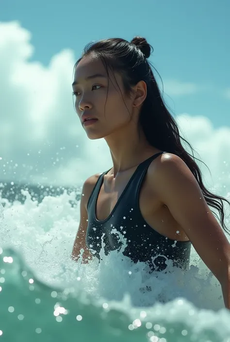 realistic, cinematic, Close-up, a beautiful Indonesian woman surfing, with a background of waves, sea and clouds. He was wearing a black surfing costume. She had long black hair that was tied up.