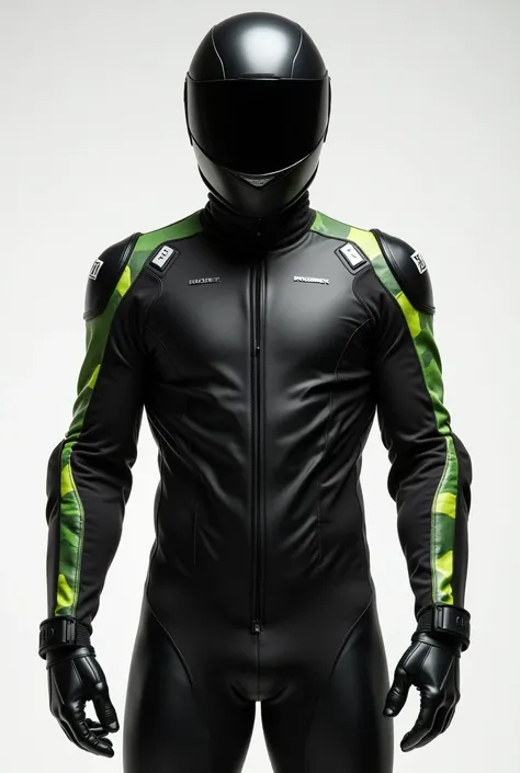  Create me a speedway motorcycle outfit from neck to toe,  sleeves are to be camo green bright , the rest is to be black 