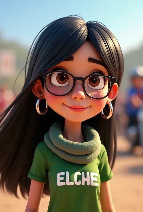 3D image,  Pixar style.  Girl with dark straight hair,  brown eyes ,  Hoop Earrings, scarf around the neck, t-shirt of " ELCHE ". Chico  brown eyes , black glasses,  short gray hair , Green T-shirt " TODOPATRIA "  at a biker rally