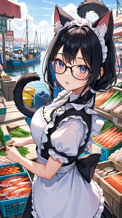 Black hair, glasses, cat ears, cat tail, maid outfit, fishing port, fish market, big fish, shopping