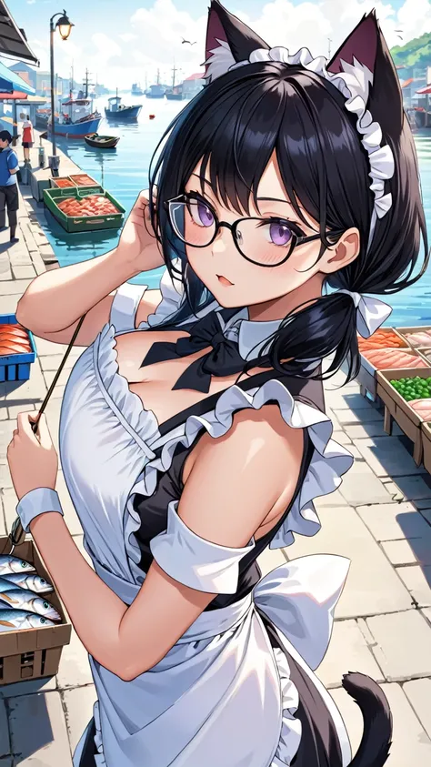 Black hair, glasses, cat ears, cat tail, maid outfit, fishing port, fish market, big fish, shopping