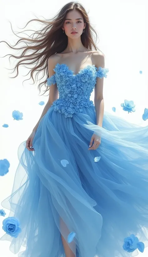 An extraordinary digital painting featuring a beautiful young woman with smooth white skin, a well-groomed face, with long, flowing hair flowing stylishly, decorated with a charming long, closed-chest dress, made entirely of soft blue rose petals. The wind...