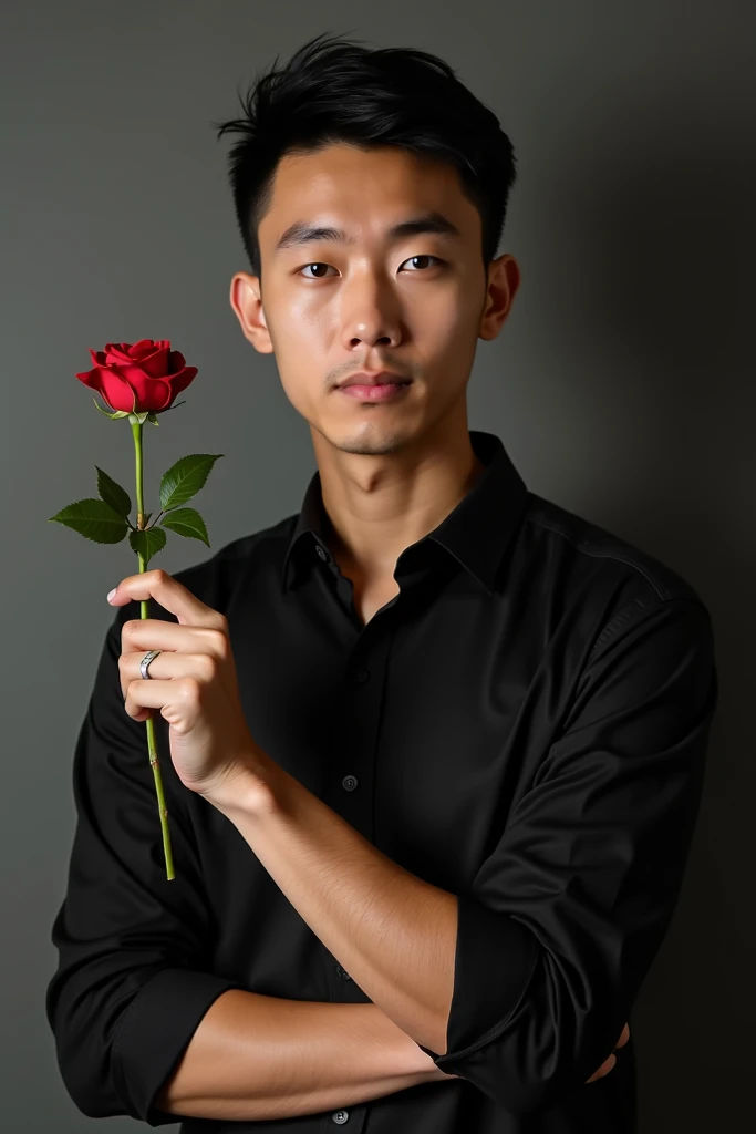 An Asian man wearing a black shirt collar, arms rolled up, posing holding a rose in his hand