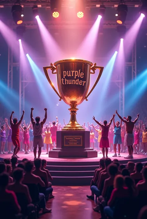 People on stage with sports and cultural with trophy written purple thunder on it