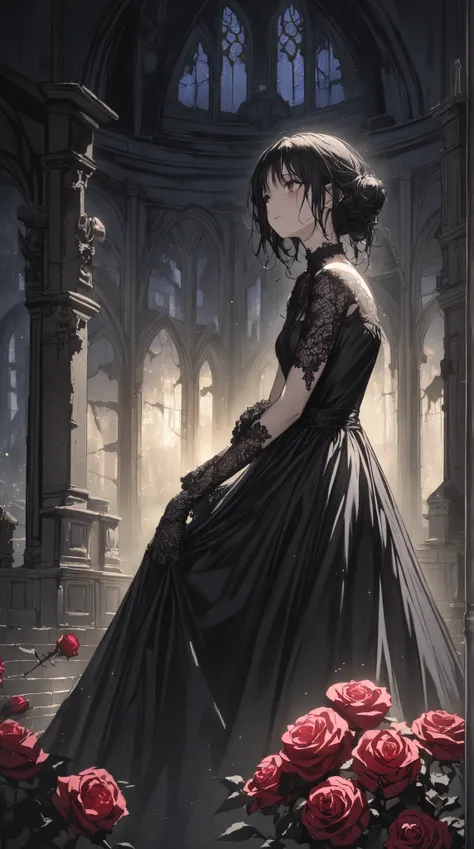 1 girl, ( cute face),  Medium Hair , to many hairstyle,  black dress, Lace gloves,  cross accessories,  Pottery skin ,  small breasts, break, In the moonlight, ( mystical atmosphere :1.2), Dark Feeling, break, Old Church, Rose flower, Silent Night, gothic ...