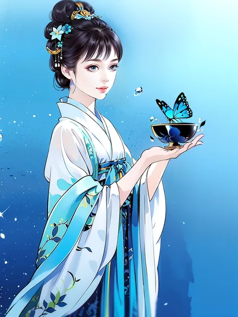  1 girl at home，Shimizu，blue butterfly，Pure white gauze skirt， sparkling ，Upper body close-up
