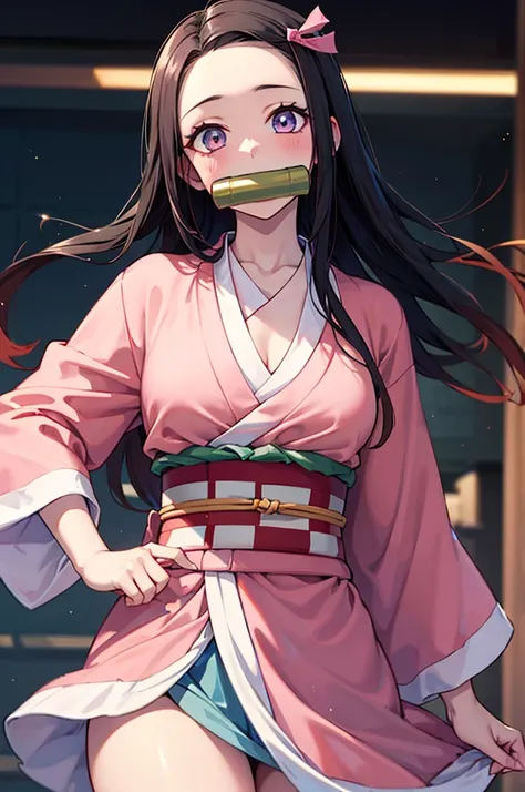 masterpiece,  best quality, 8k,  ultra high resolution,  best quality, Anime Style, Best writing, Facial beauty, masterpiece, ( pink kimono), Attractive face, Good lighting, Low Cut,  Sex, masterpiece, Sparkling Eyes,  1 girl,  black hair, gag, bamboo, Kam...