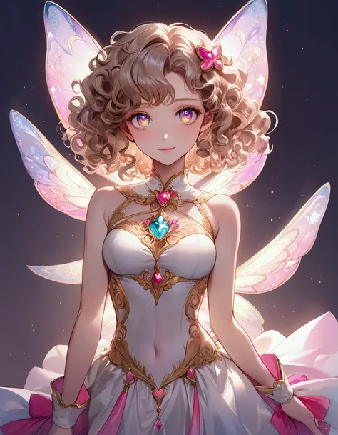 Detailed drawing, (Anime girl (Beautiful girl) (Short hair [Curly hair])) ((Magical girl))], [Transparency [Soft ambient light], Glamorous, [Colorful], (Detailed and beautiful decoration [Details] ]),( Detailed and beautiful skin expression [transparency])...