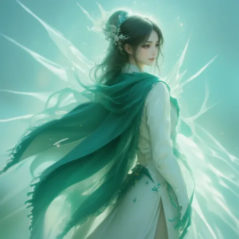 A fantasy-portrait of a asian woman,spirit of the wind,ultra realistic Photo and full detailed, her outfit:a white coat layered with a long deep green shawl draped over the shoulders and flowin in the wind. The shawl has a smooth texture with fringed edges...