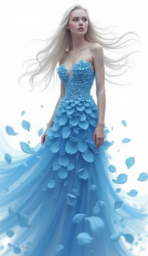 An extraordinary digital painting featuring a beautiful young woman with smooth white skin, a well-groomed face, with long, flowing hair flowing stylishly, decorated with a charming long, closed-chest dress, made entirely of soft blue rose petals. The wind...