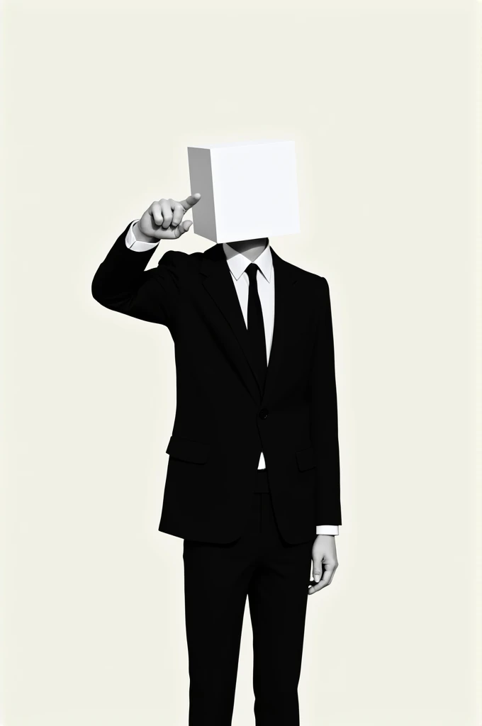 Make a face that have no mouth no nose no eye s no ears no hair and his face shape is square. Colour of square shape is white wearing a suit in a black colour pointing finger on someone 