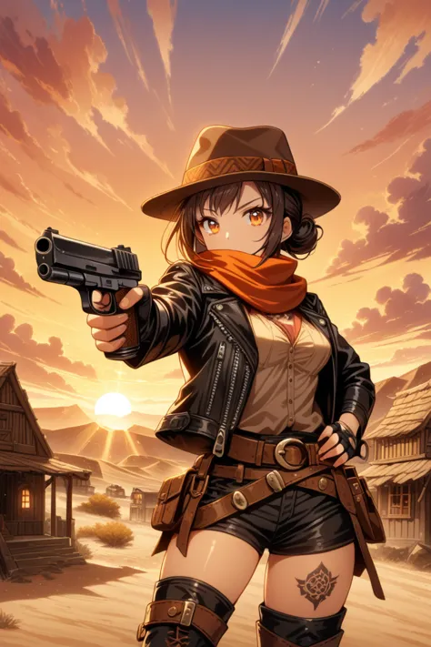 1girl,solo,orange eyes, breast, scarf, messy bun under her hat, cigarette,fedora hat, tattoos, leather jacket mixed with black accent pattern, layered outfit, thigh-high boots, fingerless gloves, Holding two guns, dual gun ,in each hand and pointing at viewer, gun, aiming at viewer, confidence, desert landscape, dusty desert town at sunset. town, (Old wooden buildings:1.3), and a saloon in the distance. A lone tumbleweed rolls down the main street as the sun dips below the horizon,sunset, dense clouds, orange teal