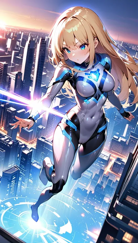 girl masterpiece, best quality, high resolution, best detailed, ultra girl, giantess, blonde hair, straight hair, shiny hair, bodysuit, blue and silver bodysuit, blue gem on chest, full body, fighting stance, breezing white breath, detailed background, cit...