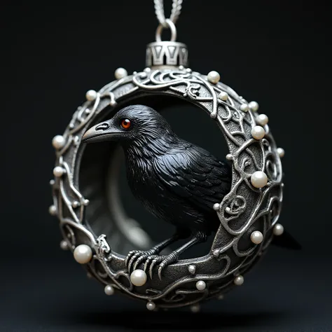 3D anime forged silver christmas ball 16th century, with carved black onyx raven inside, stunning handmade piece, pearls, sterling silver, mesmerizing piece of art 