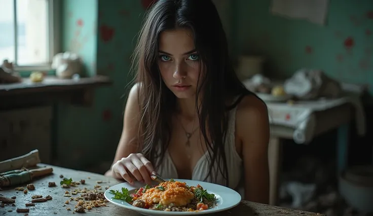 Russian 20-year-old girl,  black long hair, blue eyes , Wear white underwear,Sitting eating garbage  , there is garbage in the food plate , is in an old restaurant , the surrounding area is full of rubbish , a woman sitting down to eat mournfully,Eating fo...