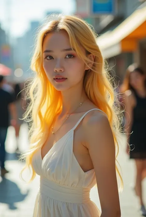 a women 18 year old, yellow blonde long hair, Japanese, public place with the view, there is border street, portrait, bokeh, wearing white dress