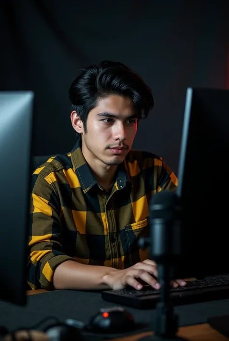 A 21 year old boy is sitting in front of a computer desk with a mic and a laptop. He is wearing a black and yellow checked shirt and has black hair against a black themed background.