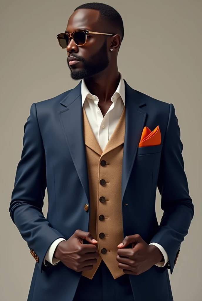 African man wearing a navy blue suit  ,burn orange pocket square With a beige  waist coat  and white shirt.
And sun glasses