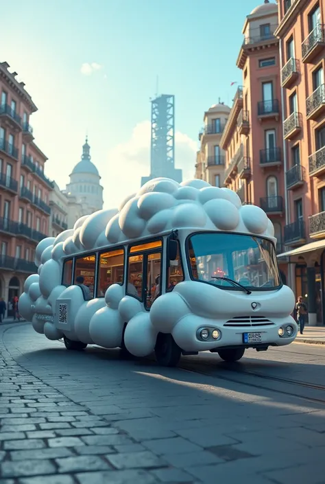 bus (Vehicle)  shaped like a small cloud and a QR with the slogan Loops cloud computing.  in the city of Barcelona and realistically .  includes a slogan that says : Loops Cloud Computing 
