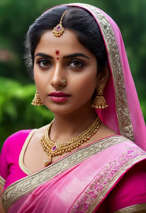 a woman in a pink saree, beautiful detailed eyes, beautiful detailed lips, extremely detailed eyes and face, long eyelashes, stylish outdoor portrait, head-shot, slight smile, cute, monsoon weather, full body, (best quality,4k,8k,highres,masterpiece:1.2),u...