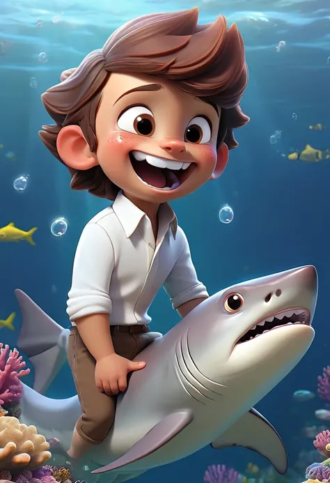 cute baby boy with brown eyes, brown hair in a white shirt, he is very happy and smiling, He is on the bottom of the sea, riding a cute blue shark, gentle and smiling, view, sea background with coral reefs, fish and bubbles, cute and very detailed, realist...