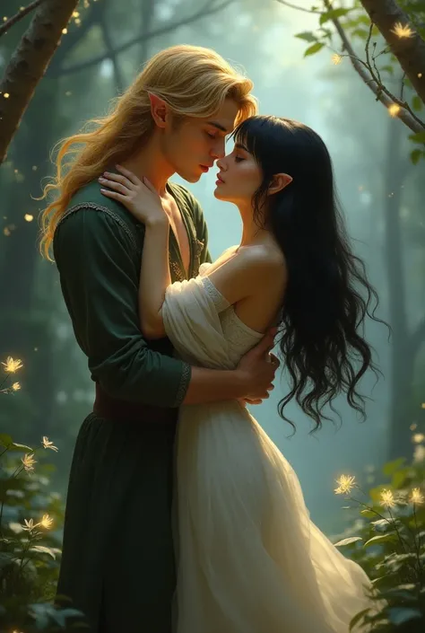  a man with long golden hair, an elf holding a woman with short black hair in her arms,  A man has a lonely expression , A woman has a sad expression ,  a romance fantasy cover 