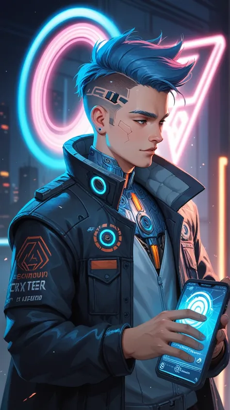 A mysterious man wearing a cyber cloak with the word NOOBXIETY written on the back, holding a cute cat in one arm, steps into a glowing portal. The scene is set in a cyberpunk world, with neon lights and futuristic technology surrounding the portal, creati...