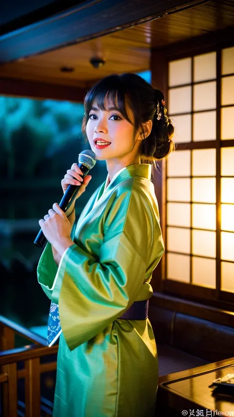  high definition ,  best quality, Super detailed,  high definition , 8k wallpaper,  Perfect Dynamic Composition ,  Beautiful Detailed Eyes,
Private concert on a houseboat at night
On a houseboat at night 、 a scene where a cute Japanese woman dressed in kim...