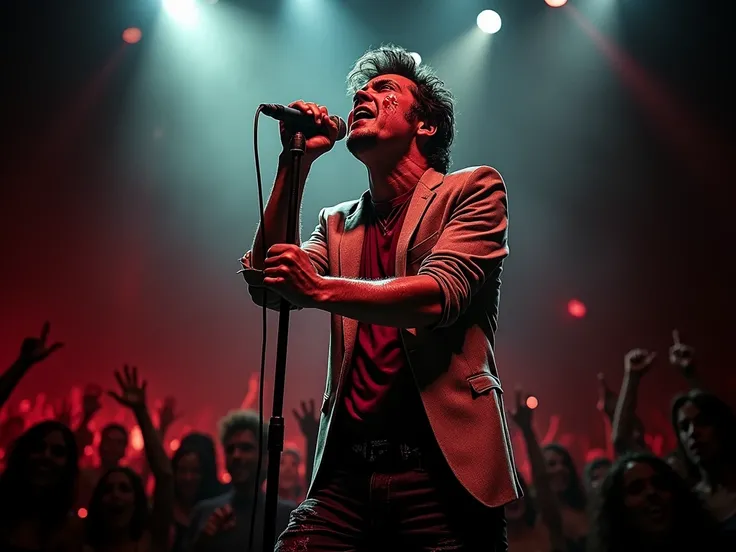 ((( Une photo dramatique de Johnny Hallyday chanteur Français ))), avec une expression affligée, recouvert de faux sang. Il tient un microphone et est au milieu d’une performance passionnée. Le fond contient un public, suggérant une scène en direct. L’écla...