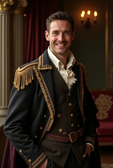 a smiling handsome man wearing medieval european clothes