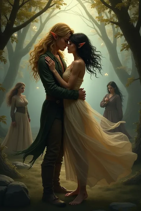  a man with long golden hair, an elf holding a woman with short black hair in her arms,  A man has a lonely expression , A woman has a sad expression ,  a romance fantasy cover 