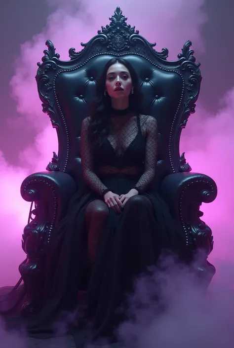 a woman sitting on a matte black metal throne, hyper realistic cyberpunk style, portrait of madison beer girl, luminous rendering, toxic, neon fog, high fashion fantasy, like tarot card, light purple, manga style, fluid energy, blase