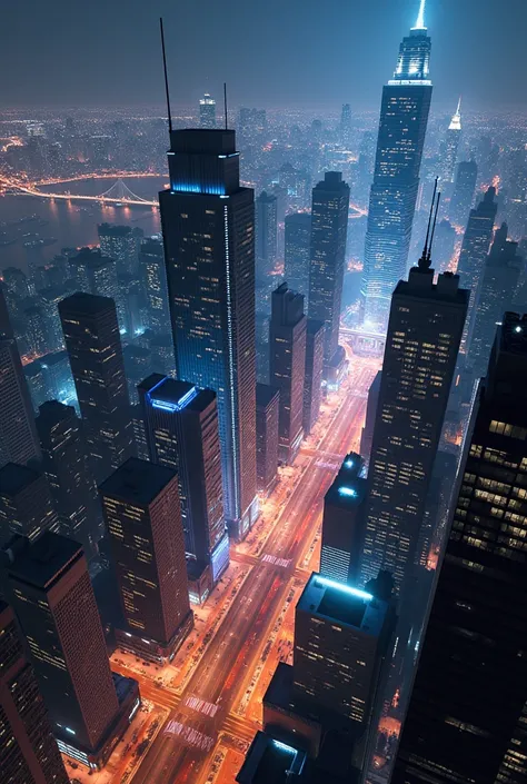 Un paysage avec plein de buildings en vue de hauteur 
la nuit avec plein de lumière avec une ambiance américaine 