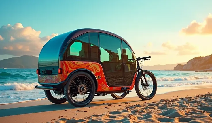 Amazing a bycycle camper on the beach amazing color 